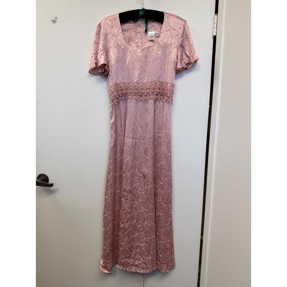 Vintage Fredericks of Hollywood Pink Floral Jacquard Maxi Dress 90s Rose Lace 4